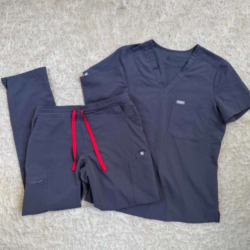Figs Navy Scrub Set with Red Drawstring Accent